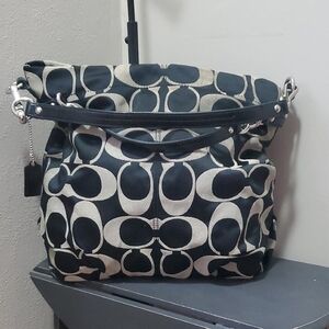 Coach Black and Ivory Signature Brooke Hobo Shoulder Bag
